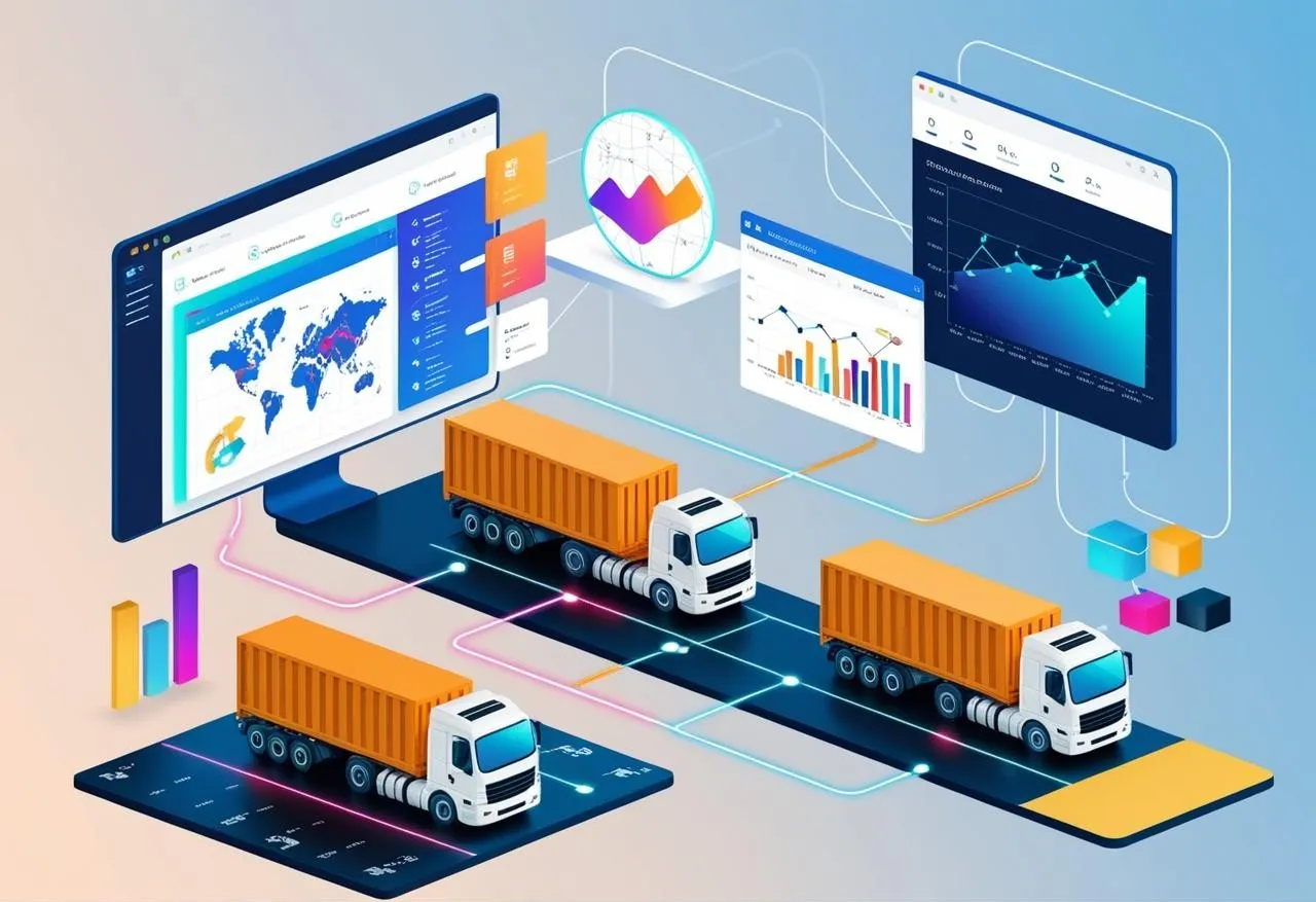 Sistema TMS isométrico con camiones conectados, dashboards de análisis y monitoreo en tiempo real