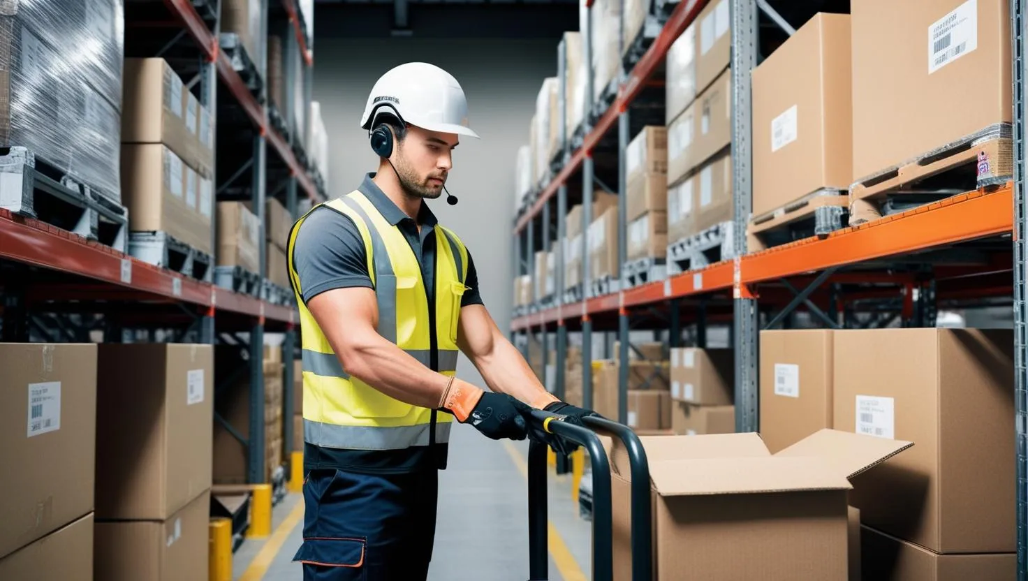 Trabajador usando Voice Picking con auriculares y micrófono en almacén moderno