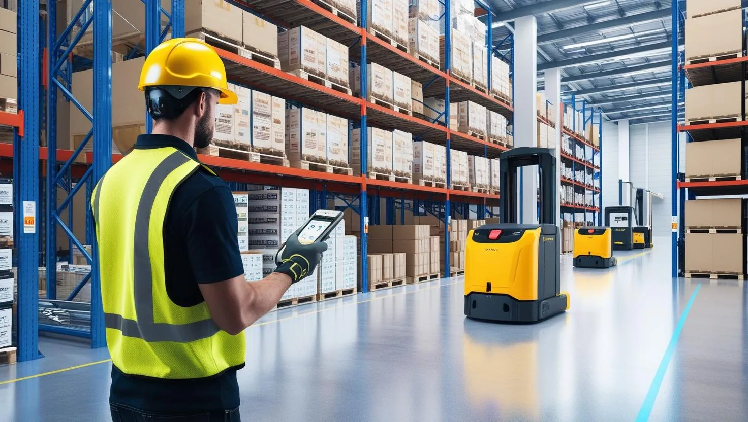 Trabajador en almacén usando sistema WMS con tablet y robots automatizados